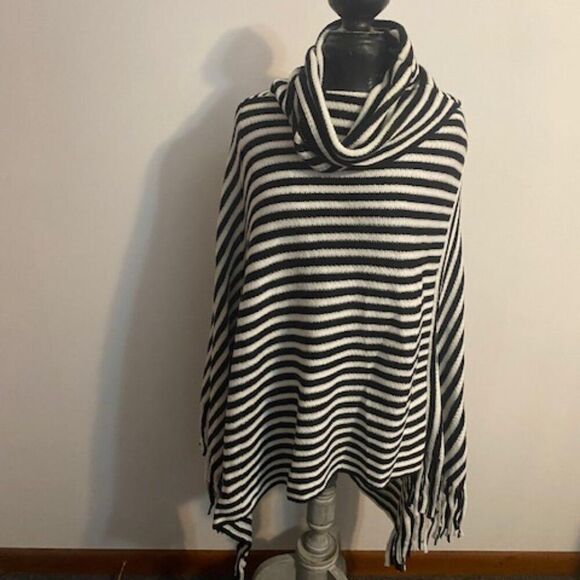 Black/White stripe cowl neck fringe poncho, size OS - Picture 1 of 2